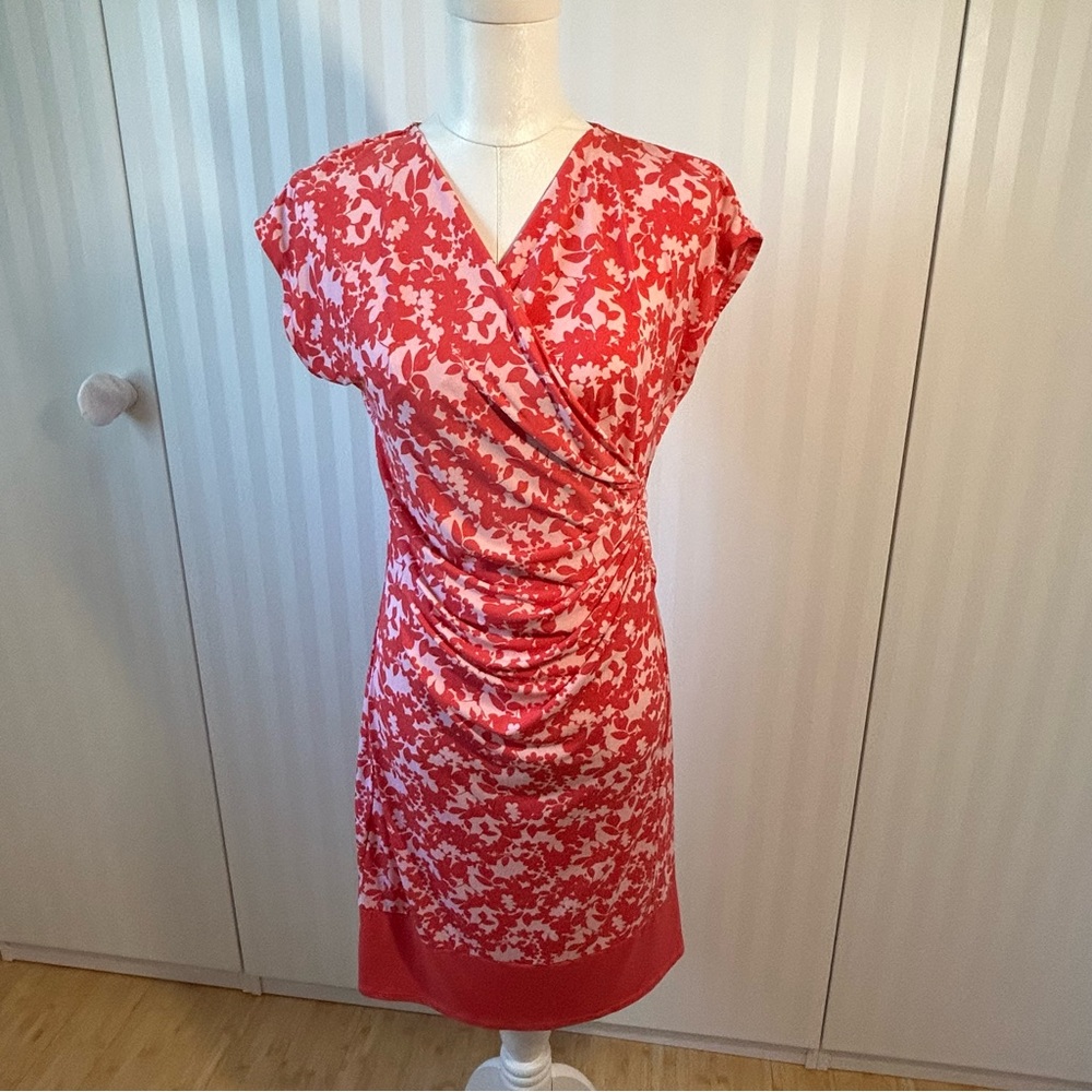 New York & Company stretch pink leafy floral crossover dress Size M